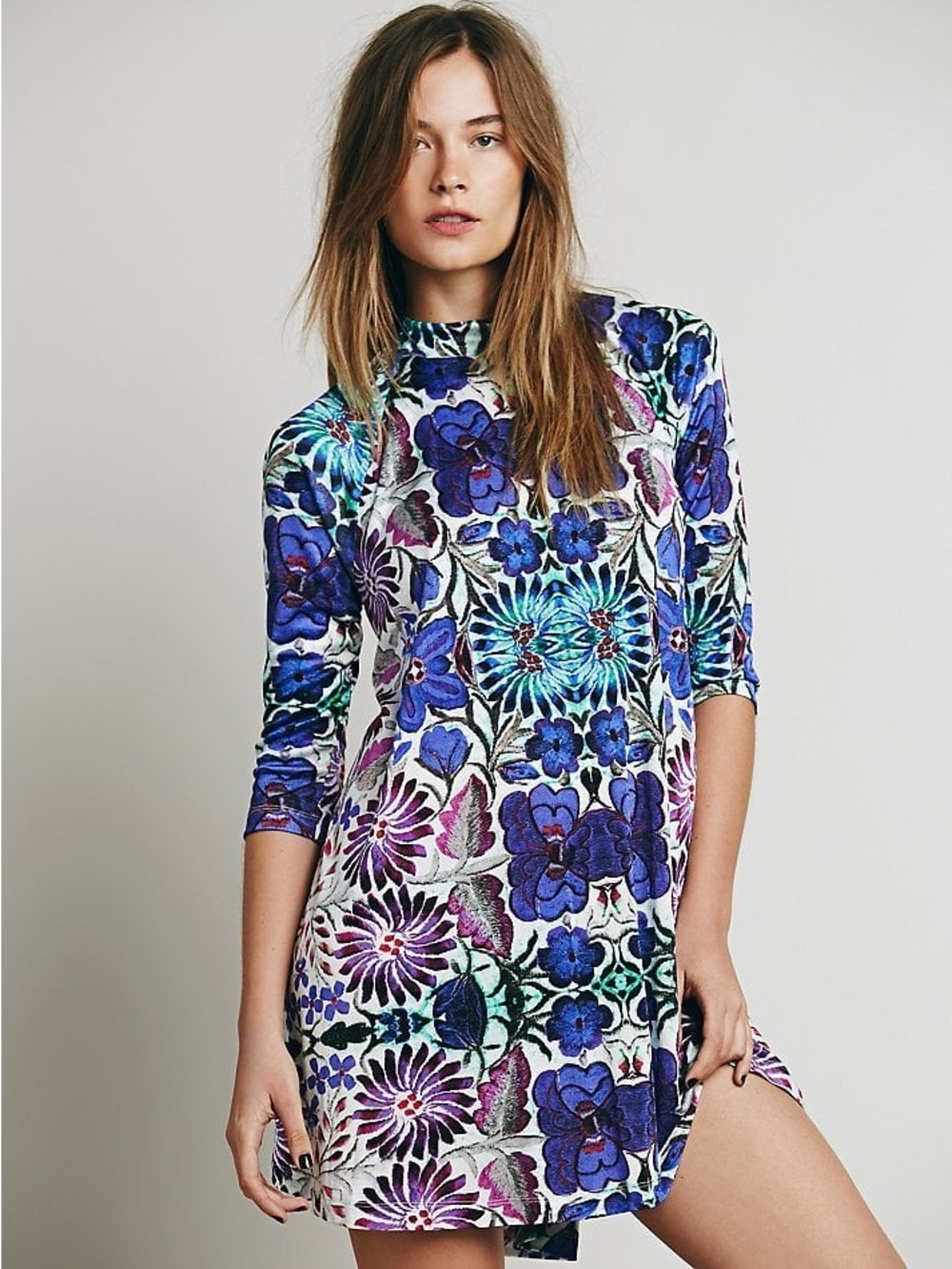 Free People Romantics Floral Fiesta Sheath Dress Mock Neck 3/4 Sleeve XS